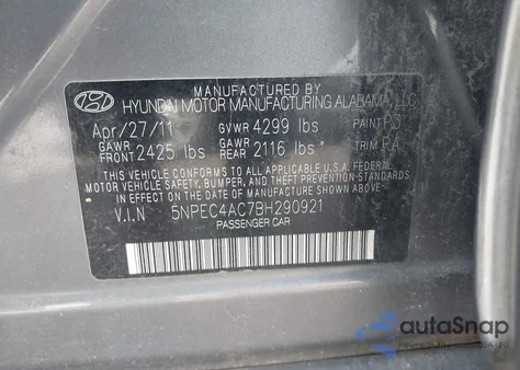 2011 Hyundai Sonata Se from USA, damaged, VIN 5NPEC4AC7BH290921
